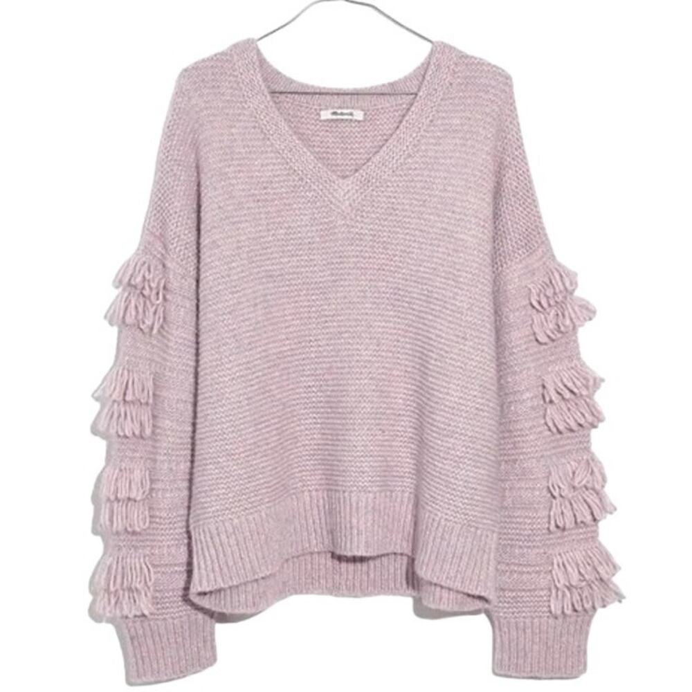 Madewell Women's Heathered Periwinkle Fringe-Sleeve Pullover Sweater Size Large